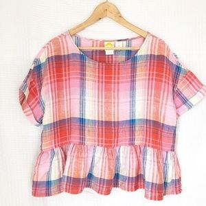 C&C // Plaid Cropped Peplum Short Sleeve Linen szL